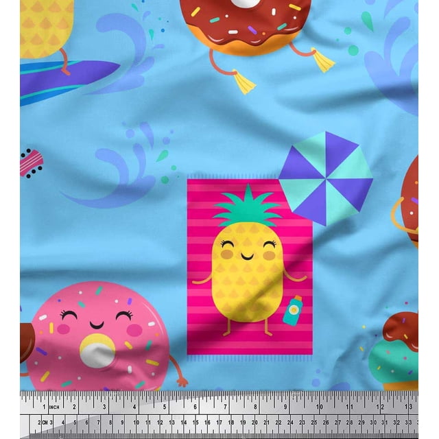 Soimoi Blue Modal Satin Fabric Beech & Fun Party Decor Fabric Printed Yard 42 Inch Wide