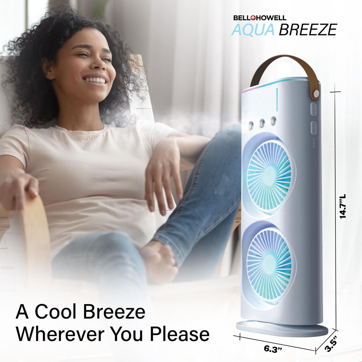 Bell + Howell Aqua Breeze Oscillating Rechargeable Misting Fan with Dual 180° Rotating Fans