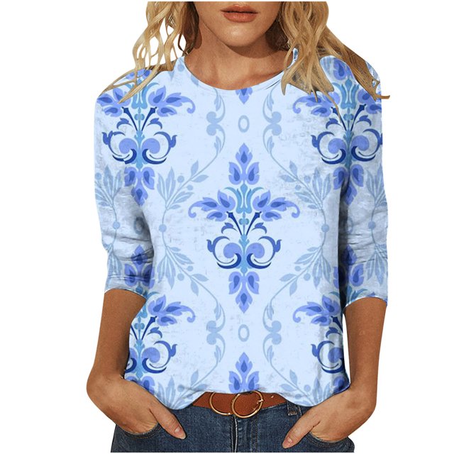 Pompotops T-shirt Ample Imprimé pour Femme Blouse à Manches 3/4 Col Rond Hauts Décontractés Liquidation