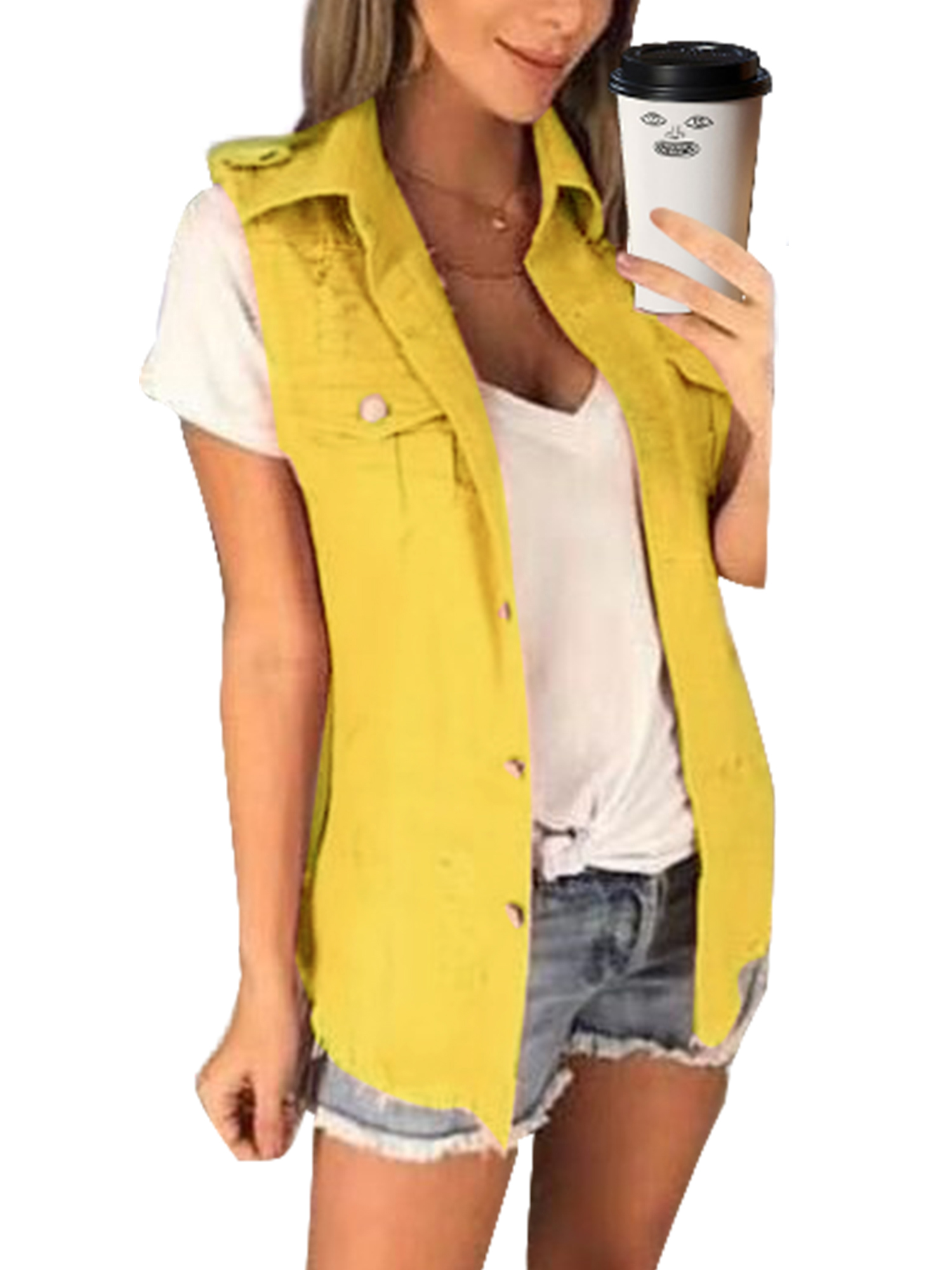 LUXUR Ladies Vest Lapel Collar Tanks Button Down Coat Comfortable Denim Solid Color Outwear Top Yellow 4XL