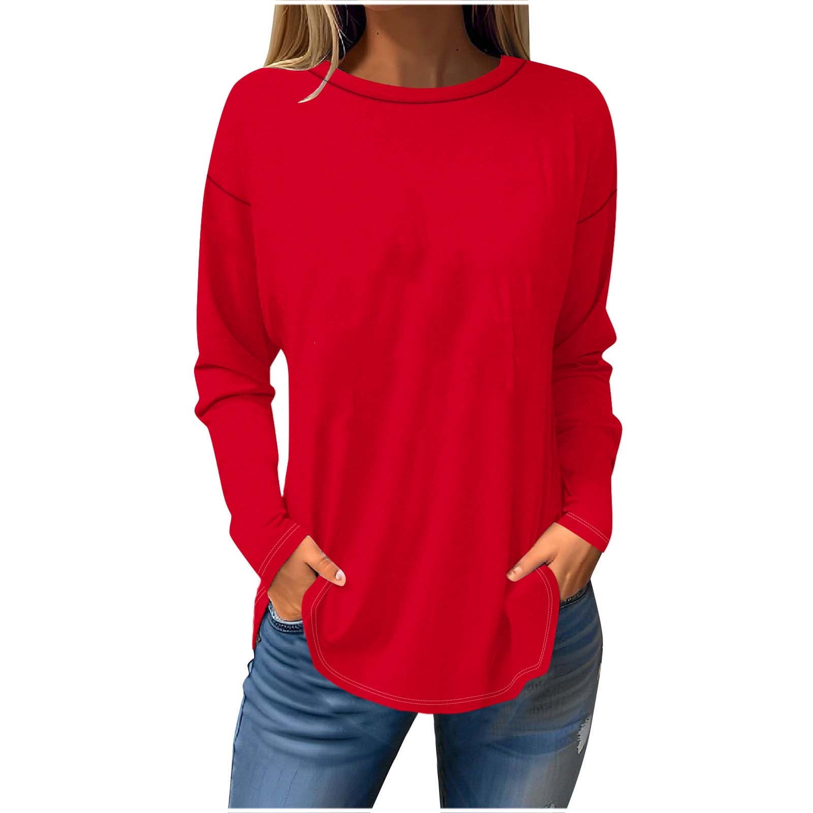 Timegard Plus Size Tops for Women Round Neck Long Sleeve Solid Color Comfy Tee Fall Casual Loose Tops