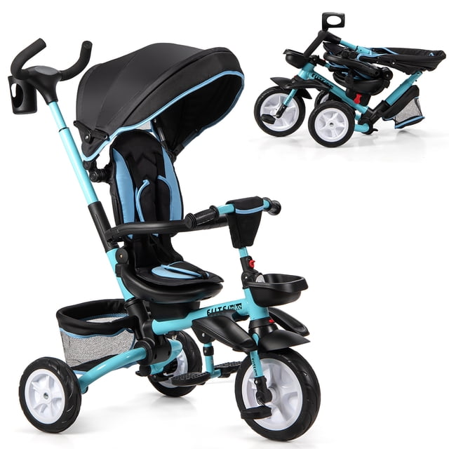 Costway 6-In-1 Kids Baby Stroller Tricycle Detachable Learning Toy Bike with Canopy in blue. Features include a 360-degree rotatable seat, adjustable push rod, removable canopy, three-point safety belt, and guardrail. Designed for children aged 12 to 50 months, it offers six riding modes and includes storage compartments, foldable pedals, and shock-absorbing wheels. The tricycle is shown in a front-facing view with a secondary image highlighting its foldable design.