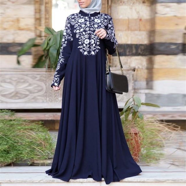 LOVZFMLL Robe Mode Femme Musulmane Robe Islamique en Dentelle à Coutures à Manches Longues Robe Maxi Bleu 3TG