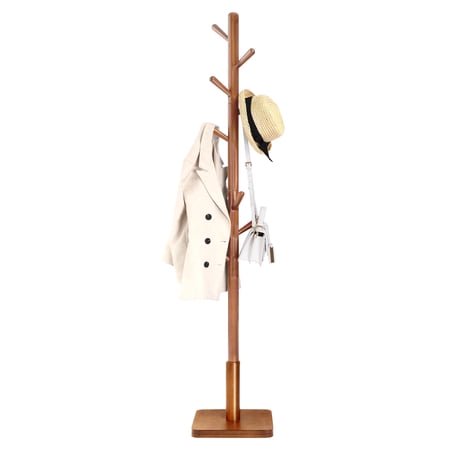 VASAGLE Solid Wood Coat Rack, Free Standing Hall Coat Tree with 8 Hooks, 3 Height Options, for Coats, Hats, Bags, Purses, for Entryway, Hallway, Rubberwood Hooks and Pole