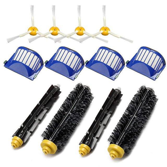 Ensemble d'Accessoires de Remplacement 12 Pcs pour Aspirateur Irobot Roomba, Incluant 4 Brosses Principales, 4 Filtres et 4 Brosses Latérales. les Composants Sont Faits de Plastique durable et Conçus pour un Démontage et un Remplacement Faciles. les Filtres Sont Bleus avec un design à Mailles Blanches, Tandis Que les Brosses Principales Ont des Poils Noirs avec des Capuchons d'Extrémité Jaunes. les Brosses Latérales Ont Trois Bras Blancs avec des Centres Jaunes. Convient à l'Entretien Routinier pour Améliorer l'Efficacité du Nettoyage et Réduire les Allergènes. Emball