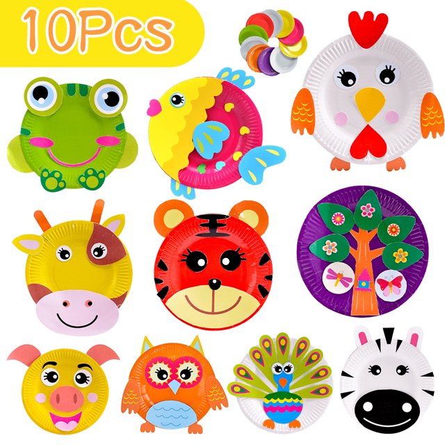 AMERTEER Art Craft Gift for Kids 10 PCS Paper Plate Art Kit for Girl Boy Toy DIY Animal Art Supply Projects Toddler Creative Activity Children Preschool Classroom Party Game Crafts (Set A)