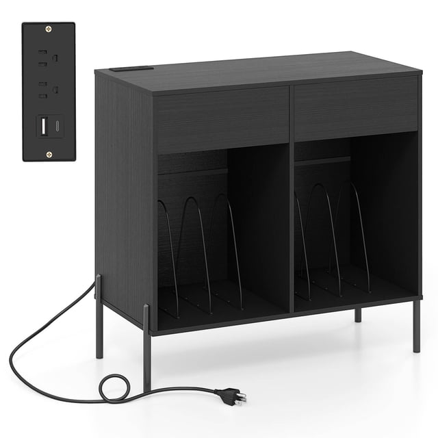 Costway Large Record Player Stand with Charging Station, featuring a black engineered wood design with two storage compartments, two pull-out drawers, and robust metal legs. Includes a built-in charging station with 2 AC outlets, 1 USB port, and 1 Type-C port. The stand offers ample storage for vinyl records, phonographs, and accessories, with removable dividers and cable management for organization. Suitable for living rooms, bedrooms, or offices.