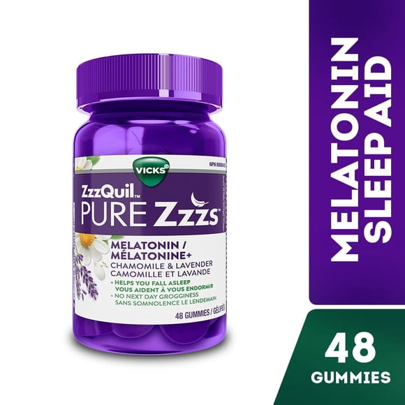 Vicks ZzzQuil PURE Zzzs Gélifiés d'Aide-sommeil à la Mélatonine avec Camomille, Lavande, & Racine de Valériane