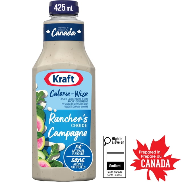 Kraft Calorie-Wise Rancher's Choice Salad Dressing in a 425 mL clear plastic bottle with blue label and cap, featuring 30% fewer calories than regular dressing, no artificial flavours, and prepared in Canada, suitable for salads, wraps, and marinades.