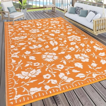 Nanan 5x8 Waterproof Outdoor Rug, All-Weather Floral Pattern Patio Mat, UV Resistant, Stain Resistant, Easy Clean Plastic Rug for Yard, Deck, Balcony, Camping,Orange/White