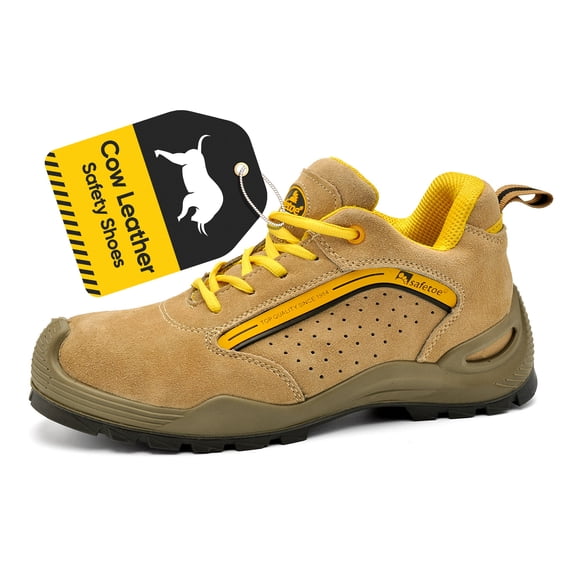 SAFETOE Mens Safety Shoes Steel Toe Shoes Lightweight Cow Leather Work Shoes L-7296 for Heavy Duty Construction Work Wide Fit Non Slip