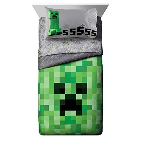 Jay Franco Minecraft creeper 5 Piece Full Bed Set - Includes Reversible comforter & Sheet Set - Super Soft Fade Resistant Microfiber - (Official Minecraft Product)