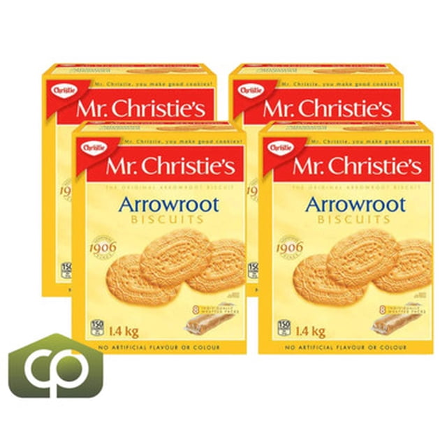 Mr. Christie’s Arrowroot Biscuits, 1.4 kg - Classic Indulgence (4/Case). Four yellow boxes of Mr. Christie's Arrowroot Biscuits, each labeled with 1.4 kg weight and featuring the brand logo and biscuit imagery. Ideal for snacking, these biscuits are free from artificial flavor or color and come in individually wrapped packs for freshness and convenience.
