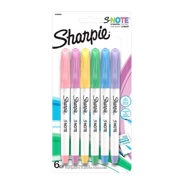 Sharpie S-Note Creative Markers, Assorted Colours, Chisel Tip group front-facing view of assorted chisel-tip markers with coloured caps and visible Sharpie logo on matte barrels against a white background, shown for note-taking, underlining, highlighting and drawing; often used for journaling and quick sketching.