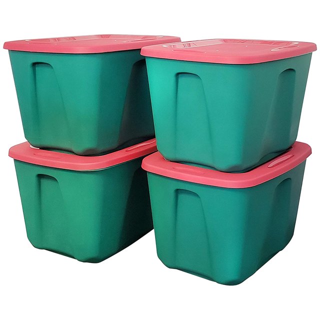 HOMZ Contenant de Rangement en Plastique Robuste de 18 Gallons, Vert/rouge (Lot de 4). un Ensemble de Quatre Bacs de Rangement Empilables avec une base Verte et un Couvercle Rouge, Conçus pour Organiser des Articles comme des Jouets, des Outils, des Vêtements et des Décorations des Fêtes. Chaque Contenant A une Capacité de 18 Gallons, un Couvercle à Clipser Sécuritaire et une Poignée à 4 Sens pour un Transport Facile. Fabriqué en Plastique durable, Ces Contenants Sont Idéals pour les garages, les Garde-Robes et les Salles d'Artisanat. Dimensions : 23.50 x 17.50