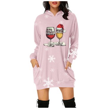 TJAZFJPA Robe de Boîte de Nuit pour Femmes Automne et Hiver Mode Décontractée Imprimé de Noël Chandail à Capuche à Manches Longues avec Poche Robe Chandail T-Shirt