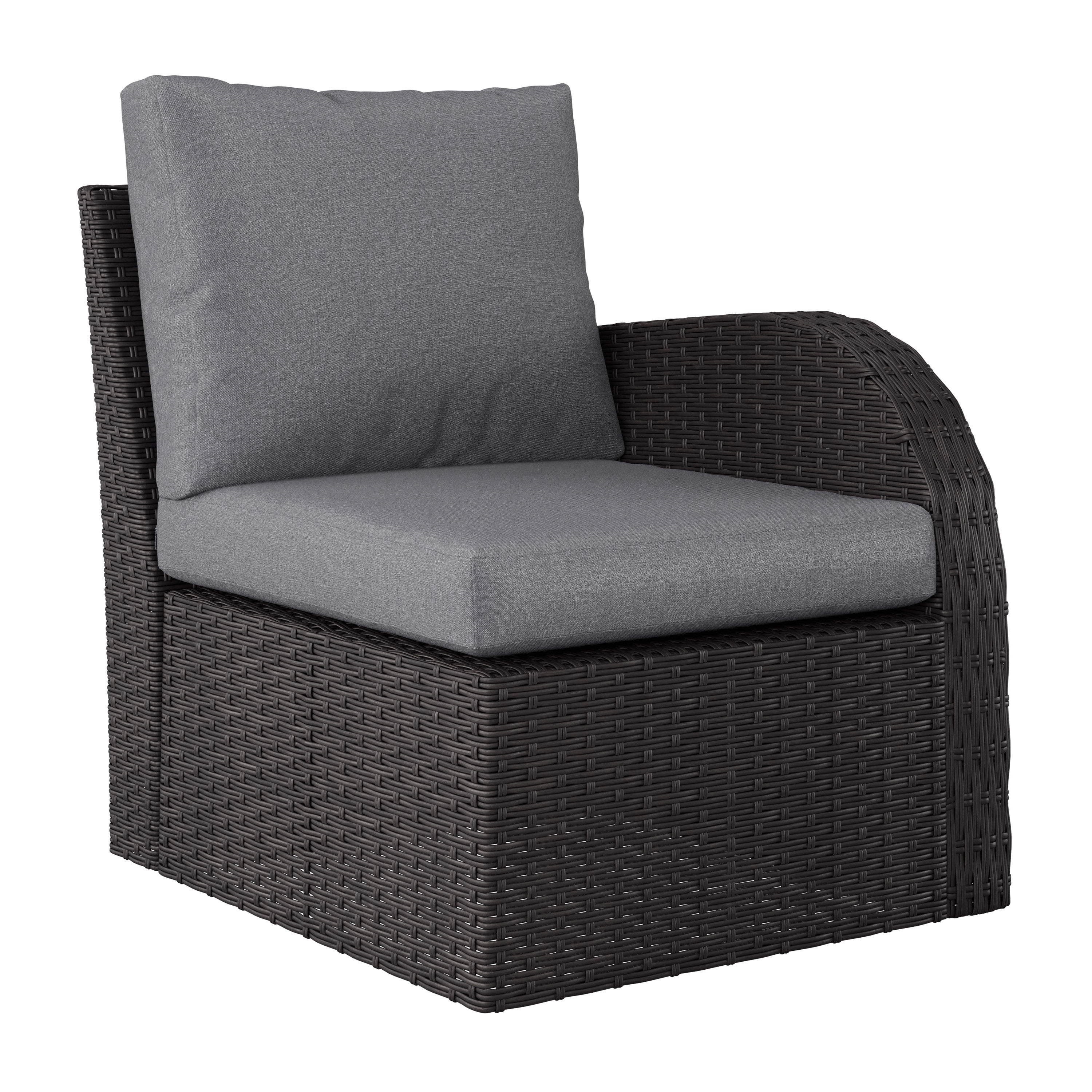 CorLiving Brisbane Rust-Resistant Outdoor Resin Wicker and Steel Right Arm Patio Sectional Piece with Cushions, Charcoal Grey/Light Grey