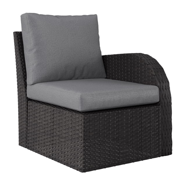 CorLiving Brisbane Rust-Resistant Outdoor Resin Wicker and Steel Right Arm Patio Sectional Piece with Cushions, Charcoal Grey/Light Grey