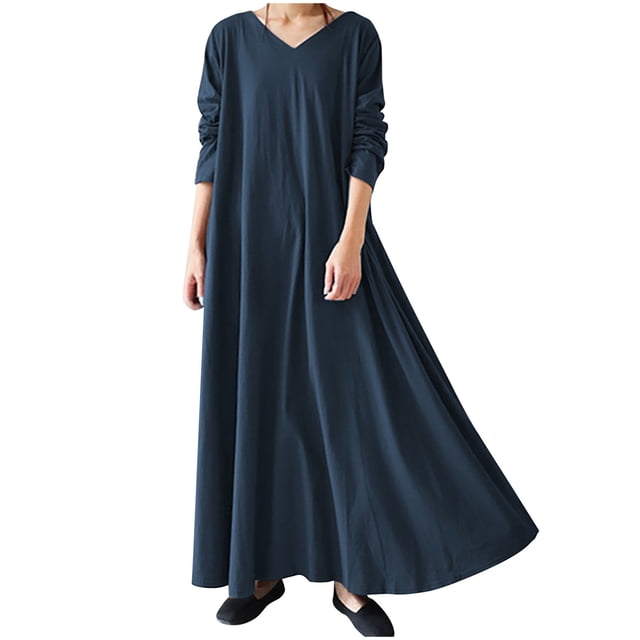 Pompotops Robe Décontractée pour Femme Grande Taille Couleur Unie Col en V Manches Longues Hiver Automne Basique Décontractée Maxi Longue Robe Robe Quotidienne de Vacances en Solde