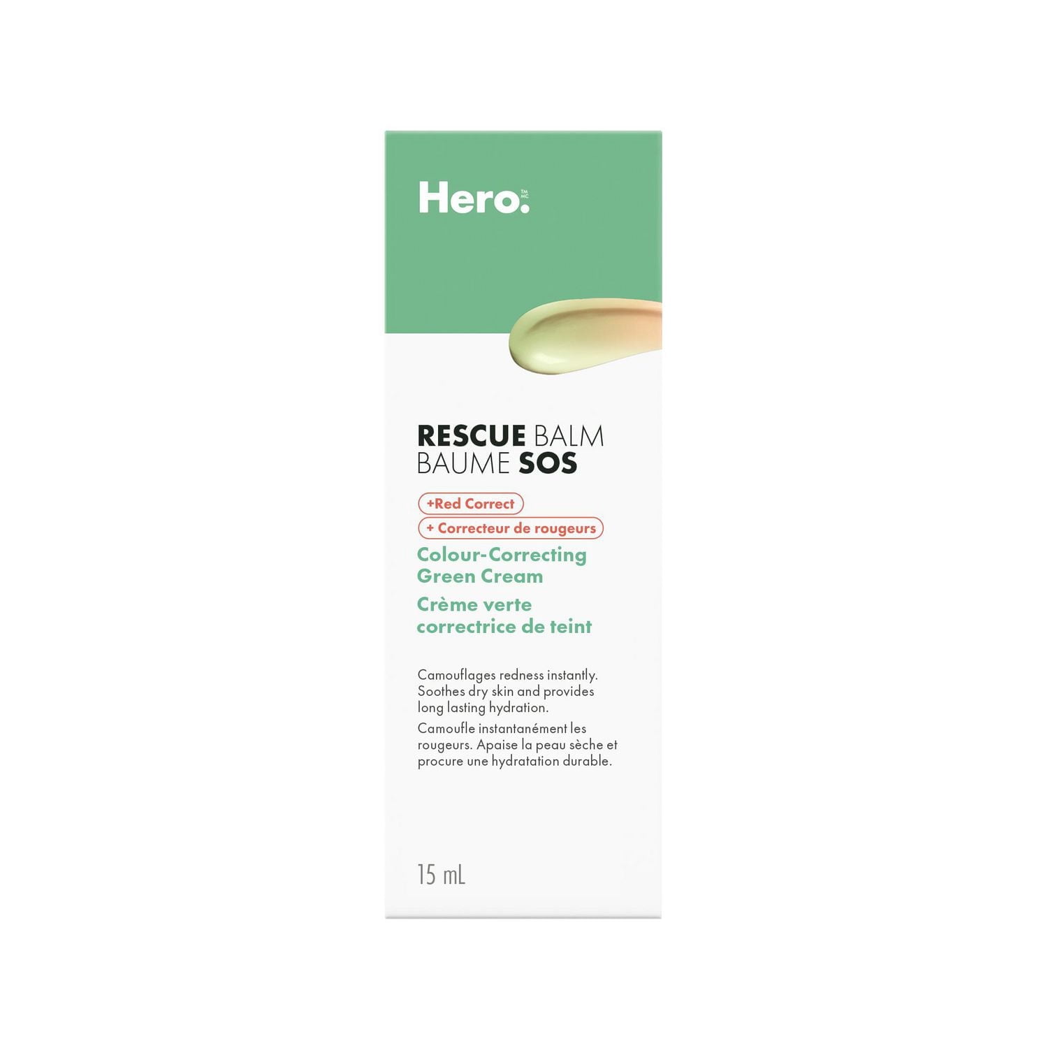 Hero Rescue Balm Crème Correctrice de Couleur Verte, Égalise la Rougeur Post-Blemish, Apaise la Peau Sèche avec Hydratation Durable, Testé Dermatologiquement, 15 ml