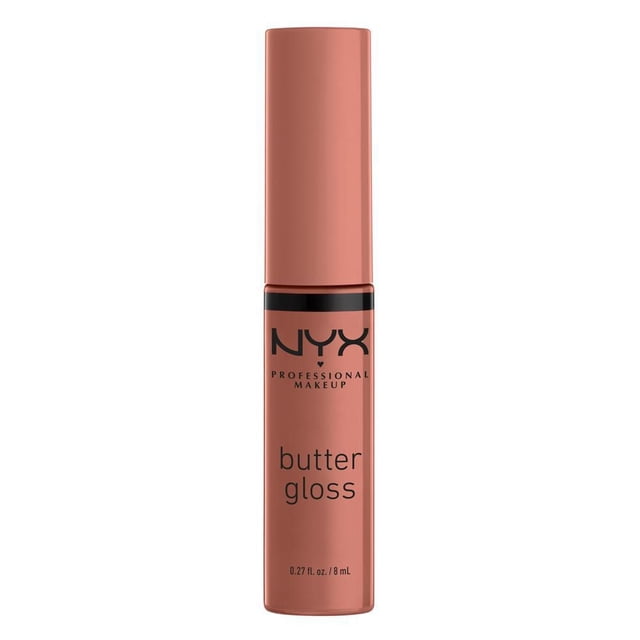 NYX Professional Makeup Butter Gloss lip gloss in a matte peachy-pink 8 mL tube with black branding, featuring a non-sticky formula that provides sheer to medium coverage, softens lips, and adds shine, ideal for use alone or over lipstick.