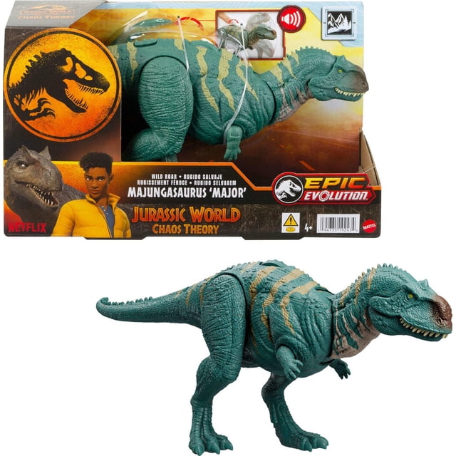 Jurassic World Wild Roar Majungasaurus dinosaur action figure toy in green with beige stripes, featuring articulated jaw and movable joints, shown both inside Epic Evolution packaging and separately, from Jurassic World Chaos Theory series.