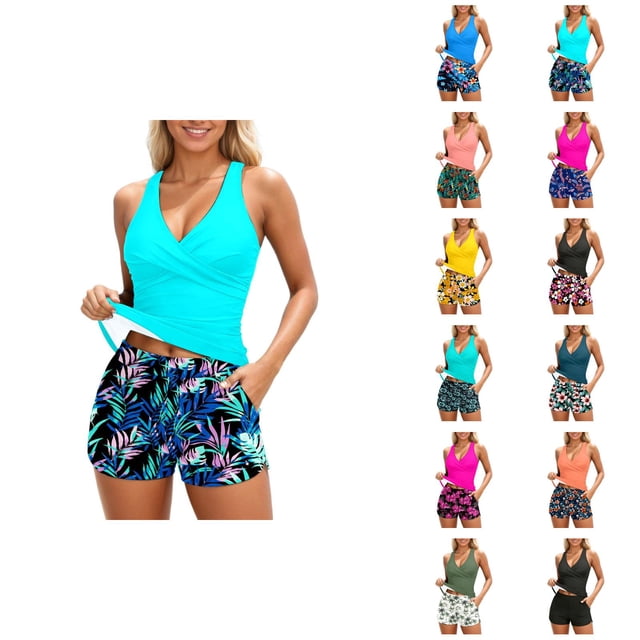 Womens Bathing Suits Tankini 2026 Trendy Modest Deep V Neck Crossover Top with Swim Shorts Two Piece Bathing Suits for Women