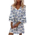 thumbnail image 2 of TIMIFIS Robes de Retour à la Maison Mode Femmes Été Décontracté Col en V Imprimé Manches 3/4 Pli Robe Mini Mode Automne pour Femmes, 2 of 7