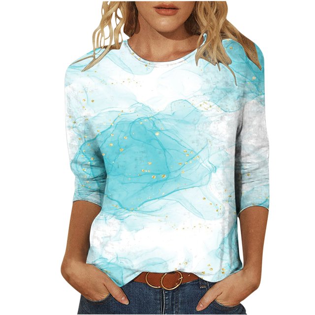 Hauts Manches Longues pour Femmes T-shirt Imprimé Manches 3/4 Blouse Col Rond Lounge Tops, Bleu Clair