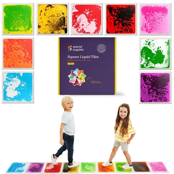 Special Supplies Square Floor Liquid Tiles for Kids, Set of 9, Colorful Early Learning Sensory Activity Mats for Toddlers and Children, Anti-Slip Bac