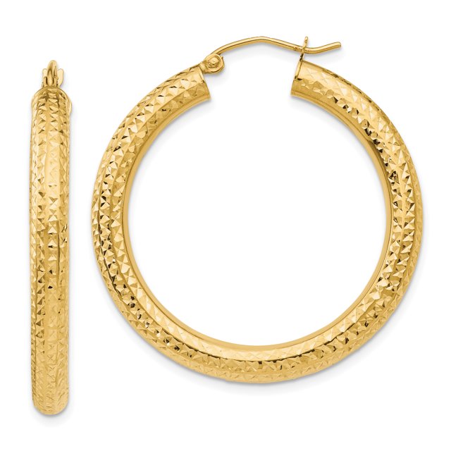 14K Yellow Gold Diamond Cut 4mm Round Hoop Earrings