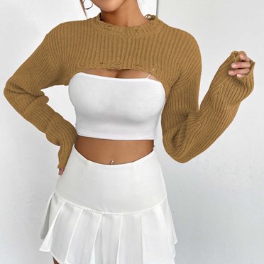 TIMIFIS Women's Long Sleeve Crop Cover Up Fall Casual Solid Crew Neck Knit Sweater