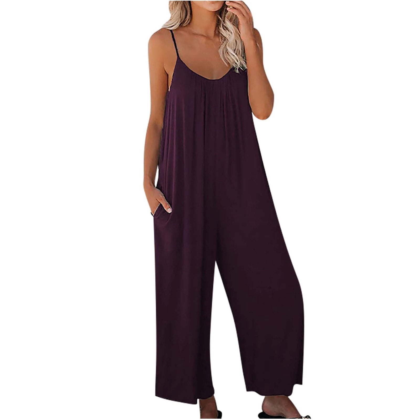 Summer Jumpsuits for Women Spaghetti Straps Solid Color Wide Leg Long Pants Rompers Casual Loose Fit Beach Jumpsuits