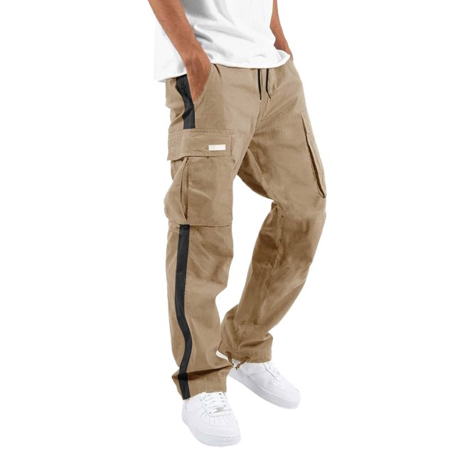 Faithtur Men Baggy Pants Drawstring Waistband Contrast Color Cargo Pants Multiple Pockets Jogger Pants