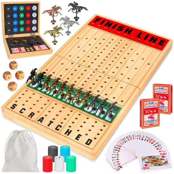 TooyBing Large 21 Inches Horse Race Board Game, Horse Racing Games with Cards and Dice & 11 Luxury Metal Foals, Thickened Wood Chessboard, Classic Wo