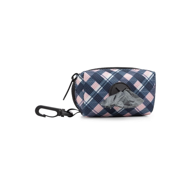One Paw , Distributeur Compact de Sacs pour Animaux de Compagnie pour Chiens et Chats en polyester à Carreaux Bleu et Rose avec Fermeture Éclair Noire et Pince, Distribue un Sac à Déchets Gris par l'Ouverture avant, Convient à une Gestion Organisée des Déchets d'Animaux Lors des Promenades.