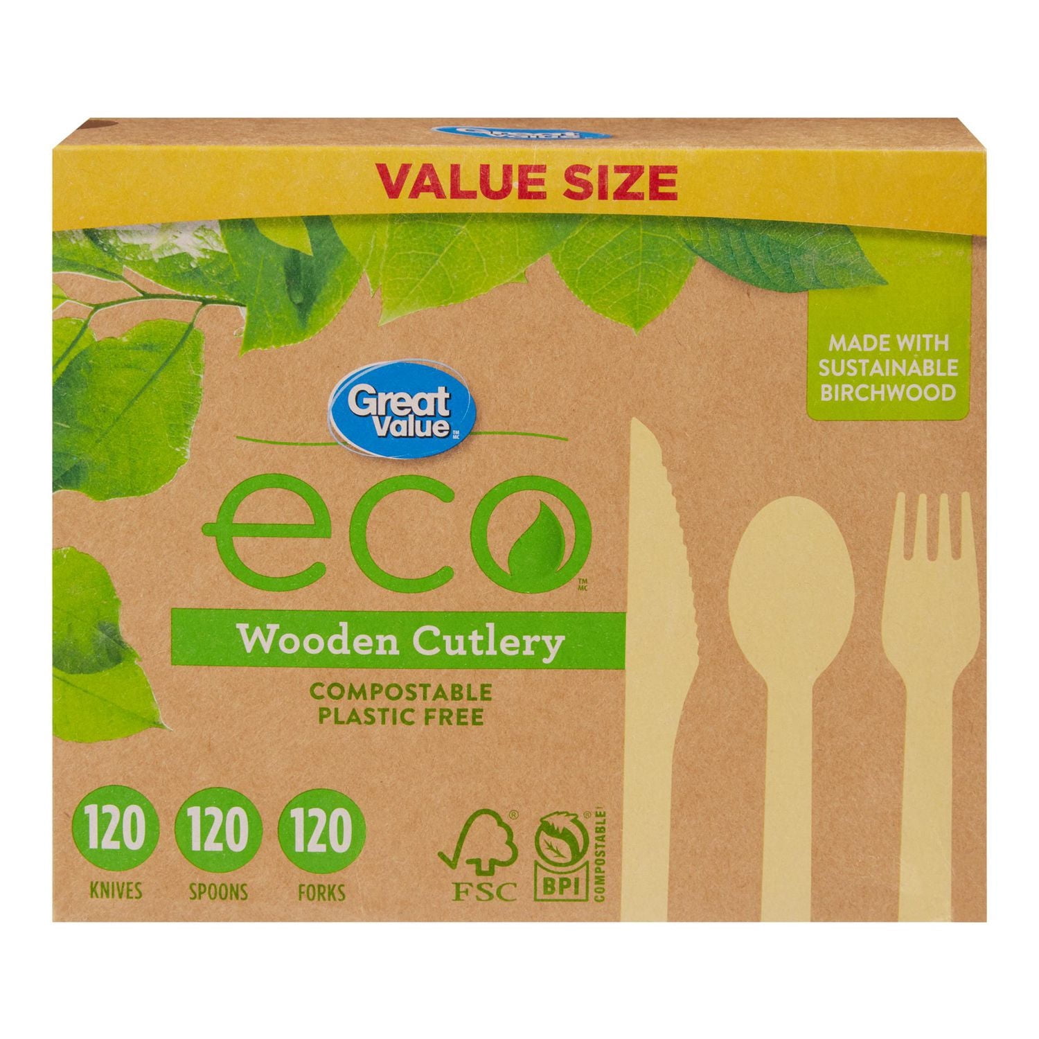 Great Value eco Couverts en Bois, 360 Pcs