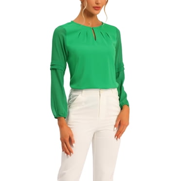 INSPIRE CHIC Women's Work Office Long Sleeves Keyhole Neck Elegant Blouse Top Bright Green XS