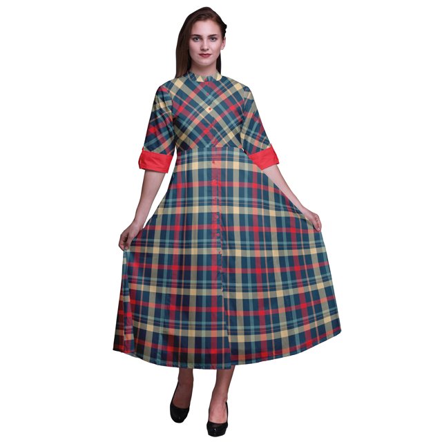Bimba Check Button Down Dress Print Mandarin Collar Roll Up Sleeves Shirt Dress-X-Small