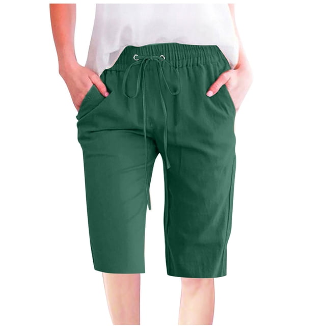 Timegard Womens Plus Size Shorts Elastic Waisted Drawstring Lightweight Casual Knee Length Shorts with Pockets