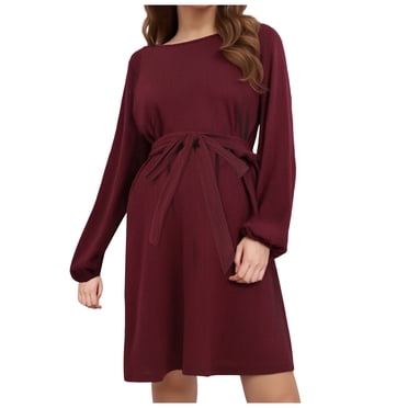 WUANDIXFA Robe Chandail d'Automne Robe de Maternité pour Femmes Tricot Côtelé à Manches Longues Robes de Grossesse Col Ras du Cou Vêtements de Grossesse avec Ceinture Bordeaux,TG