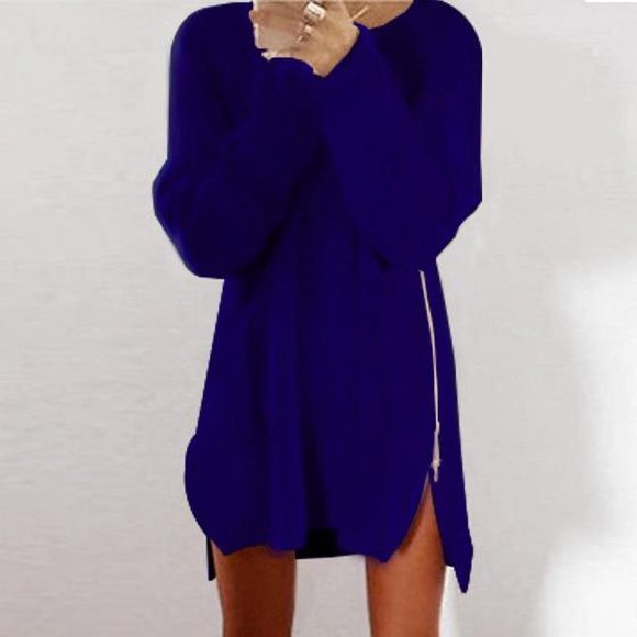 Autumn Winter Women Fashion Side Zip Casual Knitted Sweatshirt Leisure Soft Sweater Dress