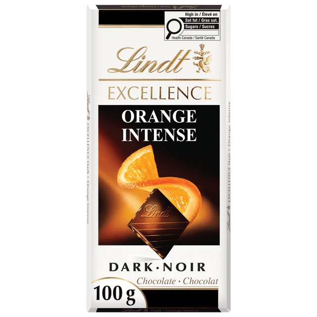 Lindt EXCELLENCE Orange Intense Dark Chocolate Bar, 100 grams, featuring a dark chocolate square embossed with the Lindt logo and a vibrant orange slice on the packaging, highlighting premium dark chocolate with orange pieces and roasted almonds, ideal for gifting or personal indulgence.