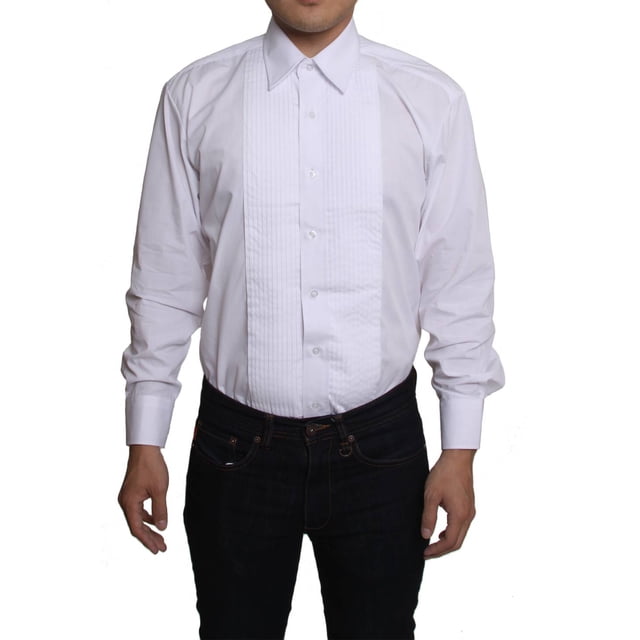 Gravity Threads Chemise Habillée de Smoking pour Homme à Plis de 1/4 Pouce en Blanc, avec devant Plissé Style Smoking et Col à Revers. Fabriquée en Mélange de 60 % Coton et 40 % polyester, Cette Chemise Boutonnée a une Longueur de Manche de 32/33 et Est Conçue pour les occasions Formelles.