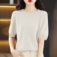 thumbnail image 1 of AherBiu Hauts d'Été pour Femmes Col Rond Manches Mi-Longues Chemises Unies Décontractées Coupe Ample T-Shirts Basiques Blouses, 1 of 4