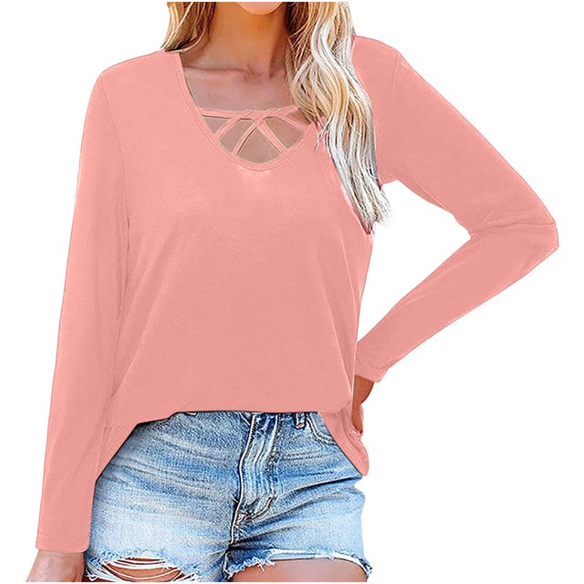 Mode Femme Couleur Unie Col Rond Manches Longues T-Shirt Décontracté Blouse