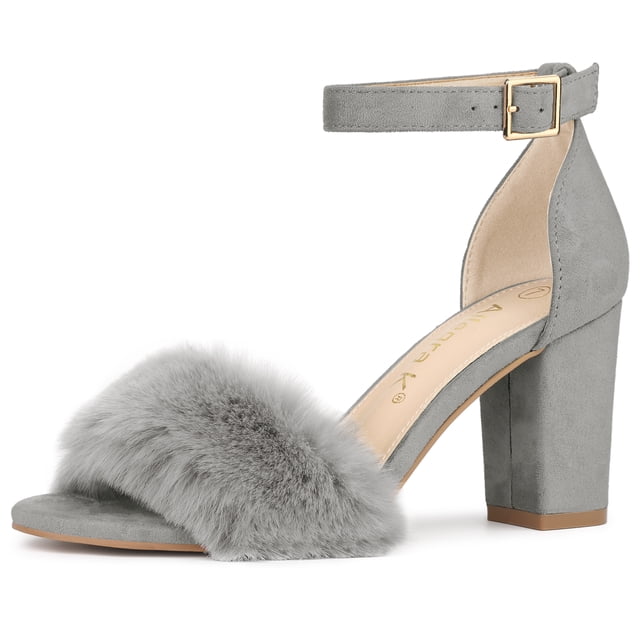 BLISSFUL STEP Women's Solid Color Faux Fur Ankle Strap Block Heels Sandals