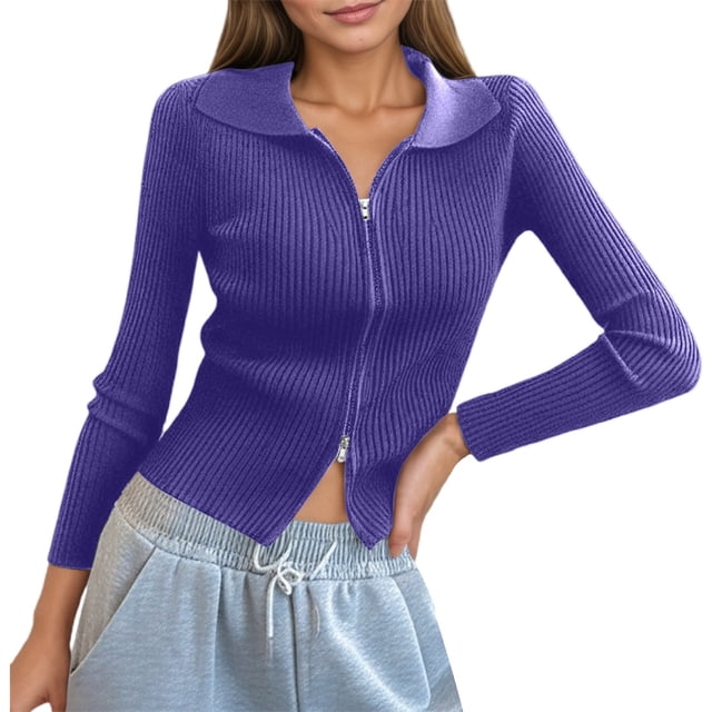Women's Double Zip Ribbed Knit Cardigan - Tight-Fitting Crop Top with Collar - Modern Design - Soft Textured Fabric - One Size Fits Most