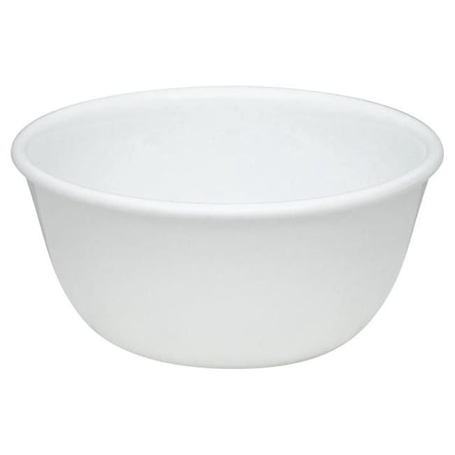 Corelle Winter Frost White 12 oz glass rice bowl in classic white Vitrelle glass with a smooth round shape, front-facing view on white background, durable, microwave and dishwasher safe, space-saving design suitable for everyday meals and casual entertaining.