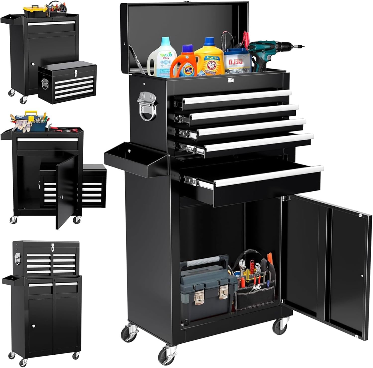 Tool Chest,5-Drawer Heavy Duty Rolling Tool Chest with Detachable Toolbox Steel Tool Storage Cabinet Sliding Drawers Lockable Wheels for Garage Workshop Mechanic Tools Organization Black
